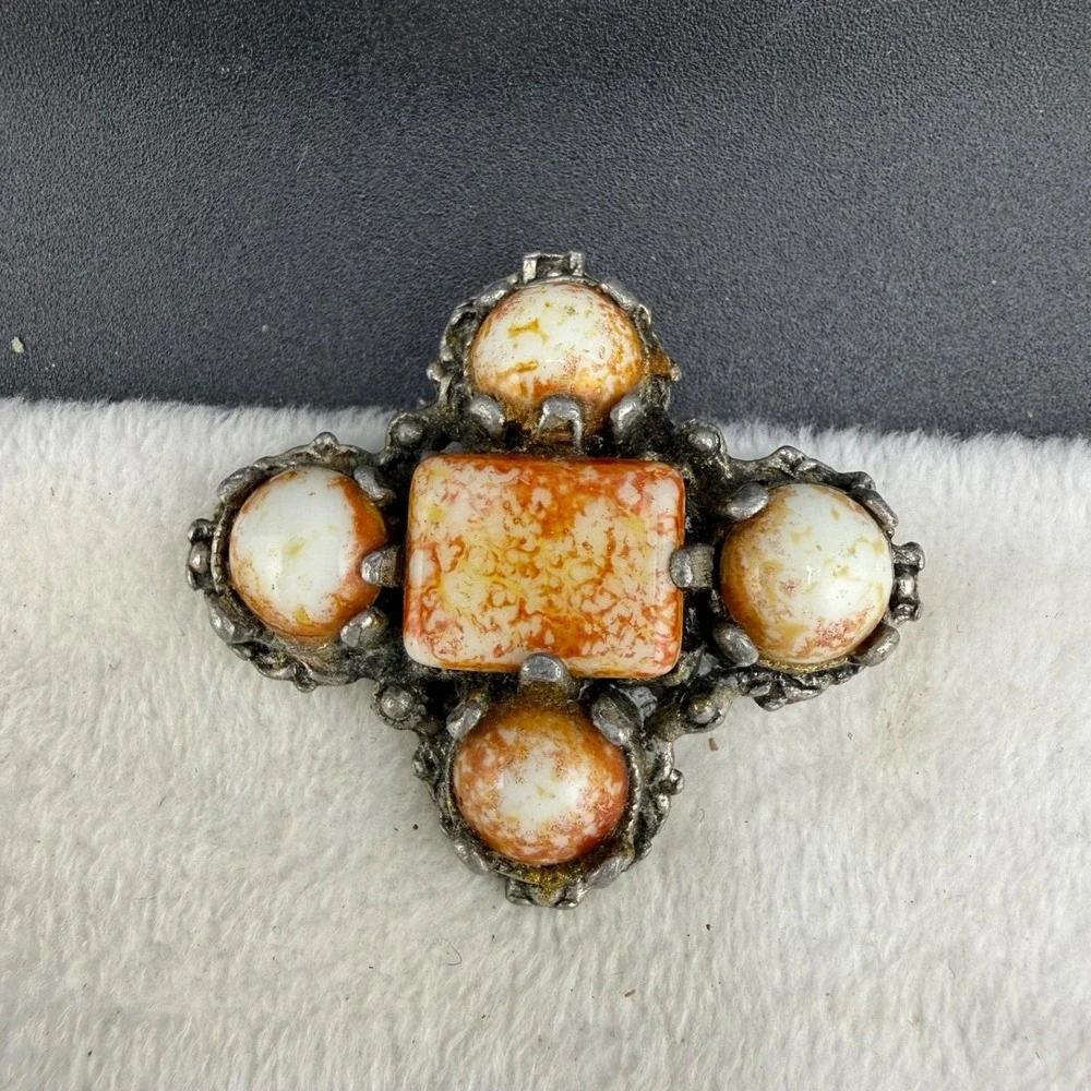 Vintage Polished Stone Celtic Brooch Silver Tone Western